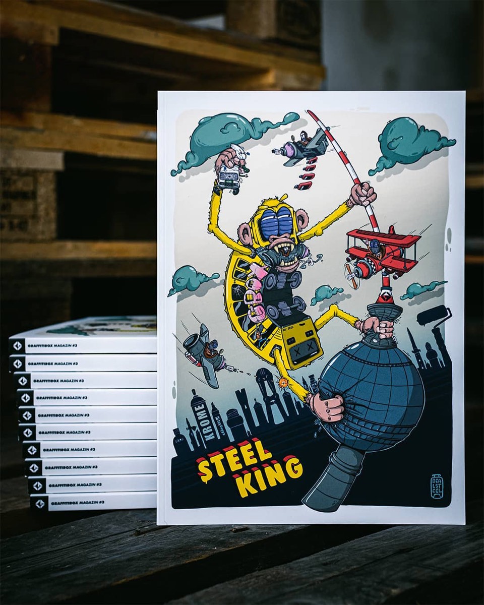 Gestapelte Exemplare des Graffitibox Magazin #3 neben dem Cover-Print „Steel King“